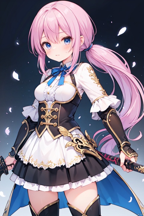 1girl,(pink_hair),crossed bangs,(low ponytail),blue eyes,gothic_lolita,white skirt,gauntlets,one-hand-hilt,hand on hilt,holding sword,planted sword,standing,medieval,
fantasy,thigh,boots,medium breast,cowboy_shot,shigetoakiho,