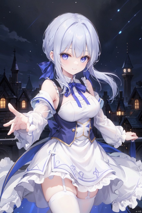  1girl,thin,white_hair,crossed bangs,(low ponytail),frilled white dress,saber,black bustier,blue cape,hairpin,smile,medium_breast,ribbon,castle,purple skirt,blue eyes,15-year age,night backgroung,outstretched arms, reaching out,[1girl low ponytail blue hair purple eyes]