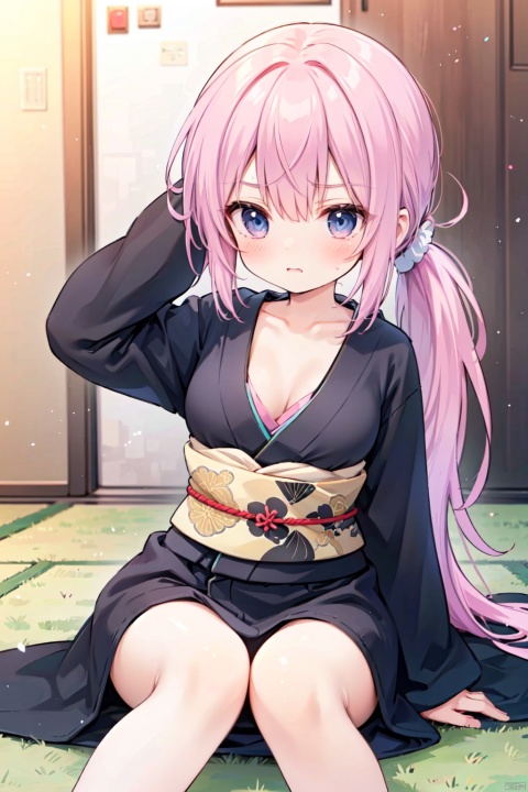 under,(low ponytail:1.1),pink_hair,crossed bangs,solo,annoyed,(black kimono),long sleeved,red printing,thigh,breast,Cleavage,collarbone,blue eyes,shigetoakiho,loli,geta,