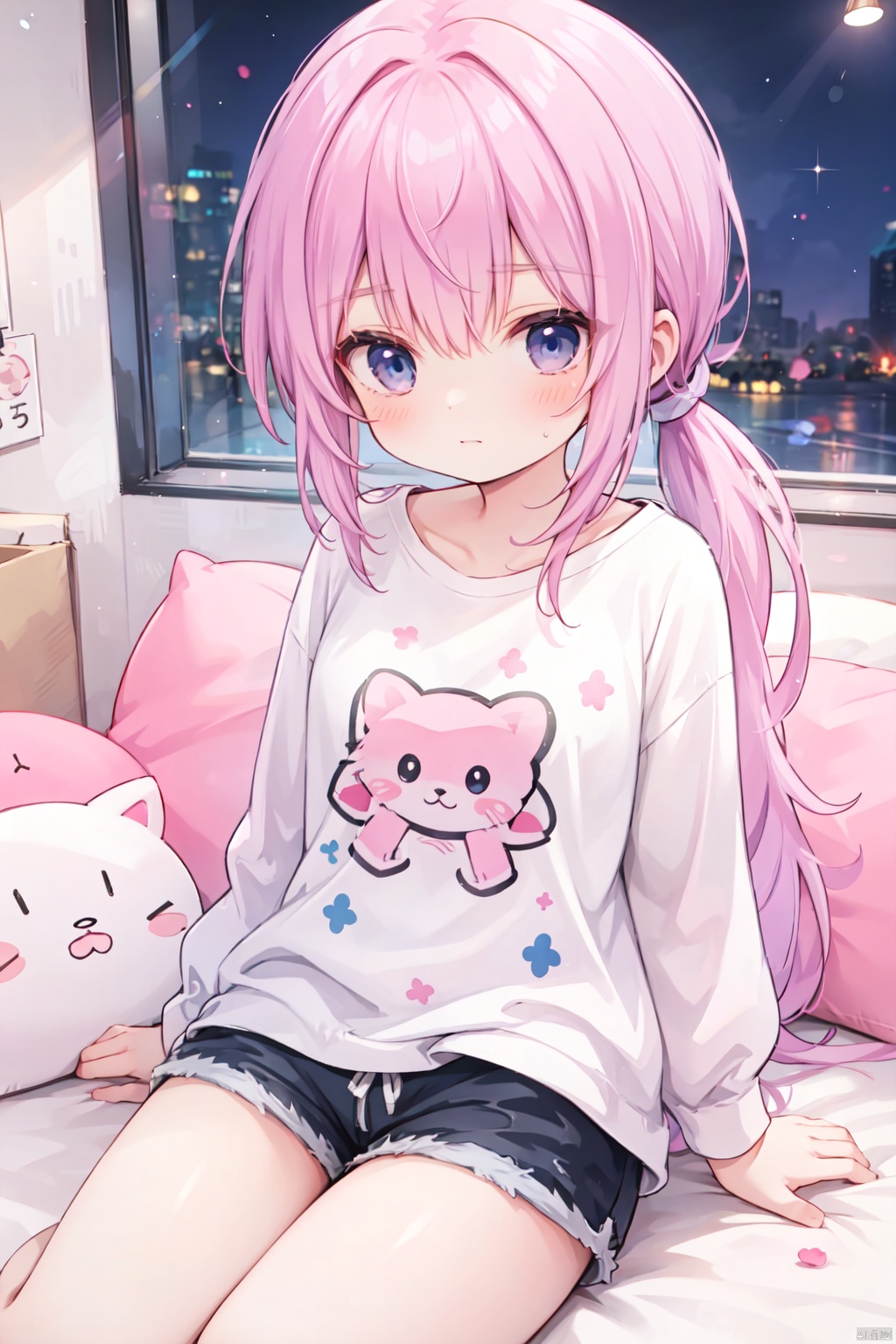 (low ponytail:1.1),pink_hair,crossed bangs,solo,shirt,shorts,thigh,breast,blue eyes,shigetoakiho,loli,