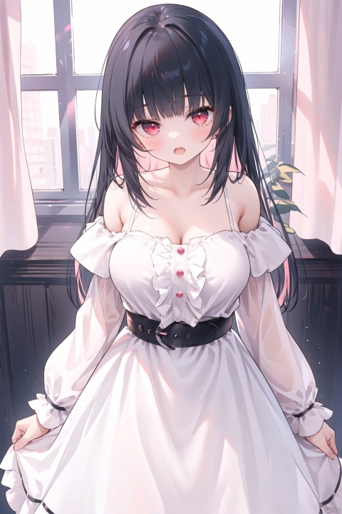  1girl,dress,long hair,breasts,white dress,long sleeves,black hair,bare shoulders,blush,solo,large breasts,off shoulder,off-shoulder dress,collarbone,blunt bangs,red eyes,frills,open mouth,pink tone hair,puffy sleeves,belt buckle, nai3, shine eyes01,