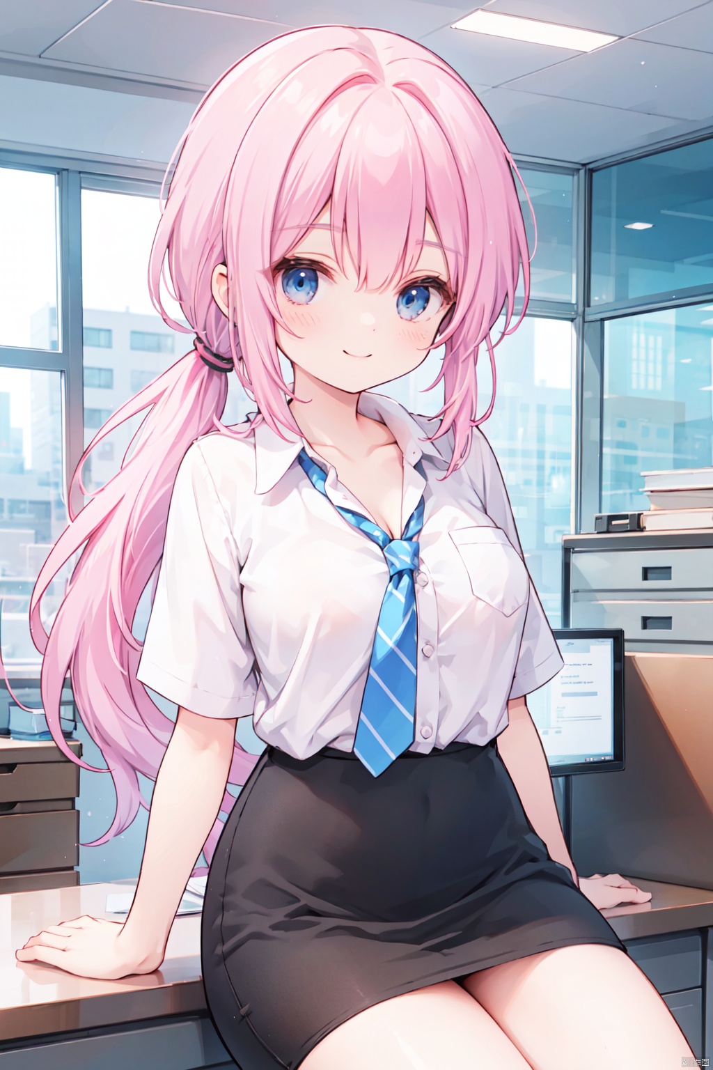 solo,(low ponytail:1.1),(pink_hair),crossed bangs,smile,(white collared blouse),Button,Short sleeved,business,thigh,office_lady,pencil skirt,white panties,formal,breast,collarbone,Cleavage,blue eyes,shigetoakiho,