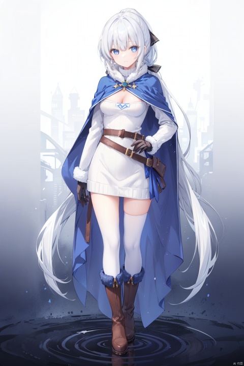  1girl, solo,long hair,smile,cleavage,medium breasts, closed mouth,low ponytail,standing, full body,white hair,boots,belt,blue eyes, sweater,fur trim, clothing cutout,capelet,short dress, brown gloves,ribbed sweater,blue capelet,blue cape,