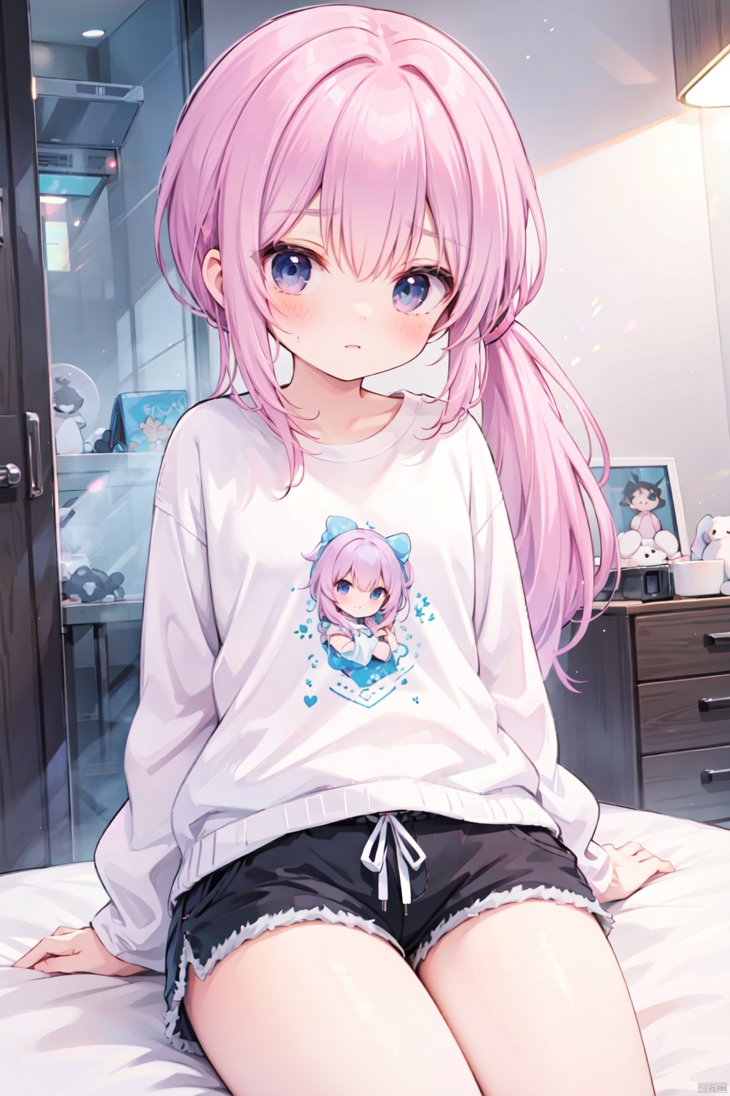 (low ponytail:1.1),pink_hair,crossed bangs,solo,shirt,shorts,thigh,breast,blue eyes,shigetoakiho,loli,