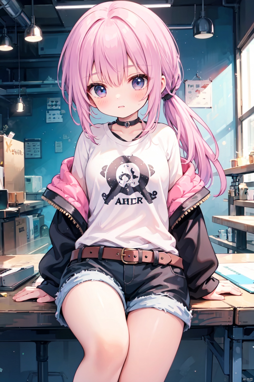 (low ponytail:1.1),pink_hair,crossed bangs,solo,Steampunk,shirt,shorts,(leather_clothes),thigh,breast,blue eyes,shigetoakiho,loli,