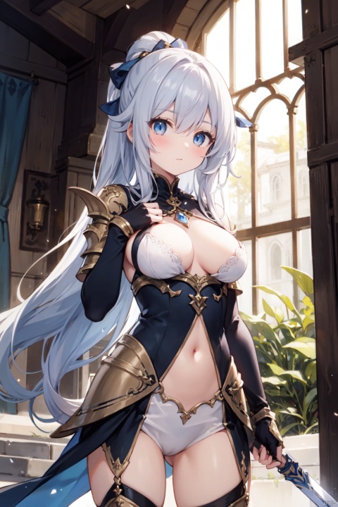 1girl,blue eyes,gauntlets,both-hand-hilt, hands on hilt, planted sword,standing,medieval,
fantasy,medium breast,cowboy_shot,