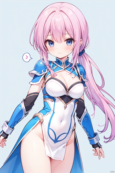 1girl,low ponytail,(pink_hair),crossed bangs,white armour,armour dress,looking down,medium breast,Silver armor,Cleavage,thigh,cowboy_shot,girl,blue eyes,shigetoakiho,
