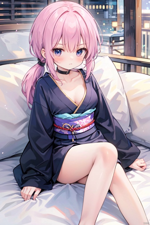 geta,(low ponytail:1.1),pink_hair,crossed bangs,solo,annoyed,(black kimono),long sleeved,red printing,thigh,breast,Cleavage,collarbone,blue eyes,shigetoakiho,