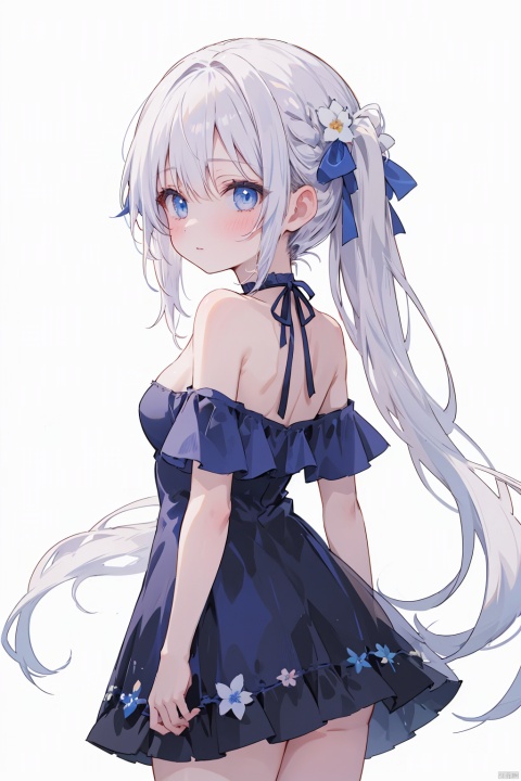 (bare neck),1girl, solo,neck,nape,long hair,white hair,blue eyes,collarbone,off-shoulder,bare shoulders,hair_ribbons, short sleeves,tiny_breasts,cleavage,Hair tip,short dress,pigtails,cowboy_shot,thigh,flower,