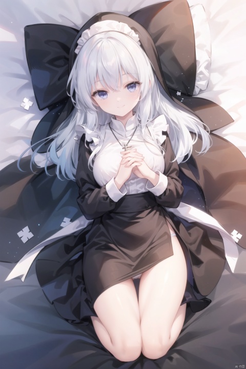 1girl,very Long white hair,long bangs,nun,(Maid headwear),nun,(own hands together),blue_eyes,smile,big cross,yellow cross necklace,(black dress),medium_breast,hands up, elaina (majo no tabitabi),full body,panties,in bed