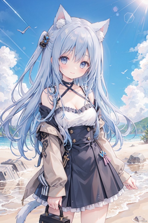 holding_katana,1girl, solo, smile,blue hair,cute,grey eyes,sandstorm,off shoulder,clavicle,(Military uniform),big breasts,thigh,desert,Cleavage,animal_ears,The cracked earth,Escarpment,stone