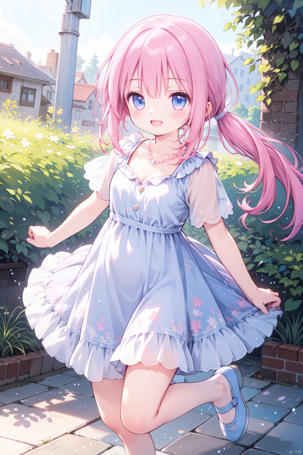 1girl,(pink_hair:1.1),crossed bangs,(low ponytail),blue eyes,collarbone,short sleeves,cleavage,purple dress,full body,open mouth,short ponytail,happy,pearl necklace,shine,smirk,jumping,illustration,outdoor,detailed eyes,perfect face,frill,
