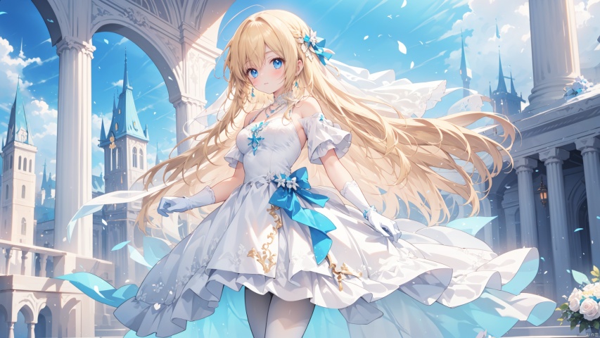 solo,1girl,artist_name,blonde_hair,long hair,
blue_eyes,wedding dress,blue dress,Standing in the distance,yellow dress,medium_breast,bow,Fantasy architecture,necklace,(white_pantyhose),Brown gloves, white pantyhose