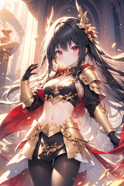  solo,1girl,artist_name,straight hair,(long black_hair),red_eyes,medium_breast,(black armor:1.1),midriff,Fantasy architecture,Dragon horn,cleavage,pantyhose,gold armor, gold armor