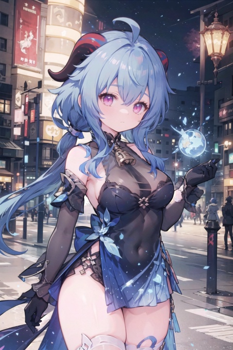  (black dress),black clothes,horns,(low ponytail),1girl, solo,(long hair),blue hair,pink eyes,with a little bell around his neck,detached sleeves,black gloves,alternate costume,Hair tip,cowboy_shot,thigh,large_breasts,ahoge,solo,street,night,ganyu, masterpiece