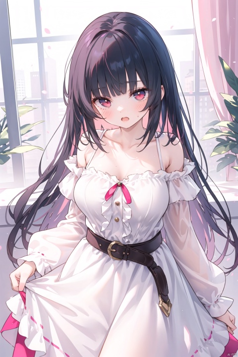  1girl,dress,long hair,breasts,white dress,long sleeves,black hair,bare shoulders,blush,solo,large breasts,off shoulder,off-shoulder dress,collarbone,blunt bangs,red eyes,frills,open mouth,pink tone hair,puffy sleeves,belt buckle, nai3, shine eyes01,