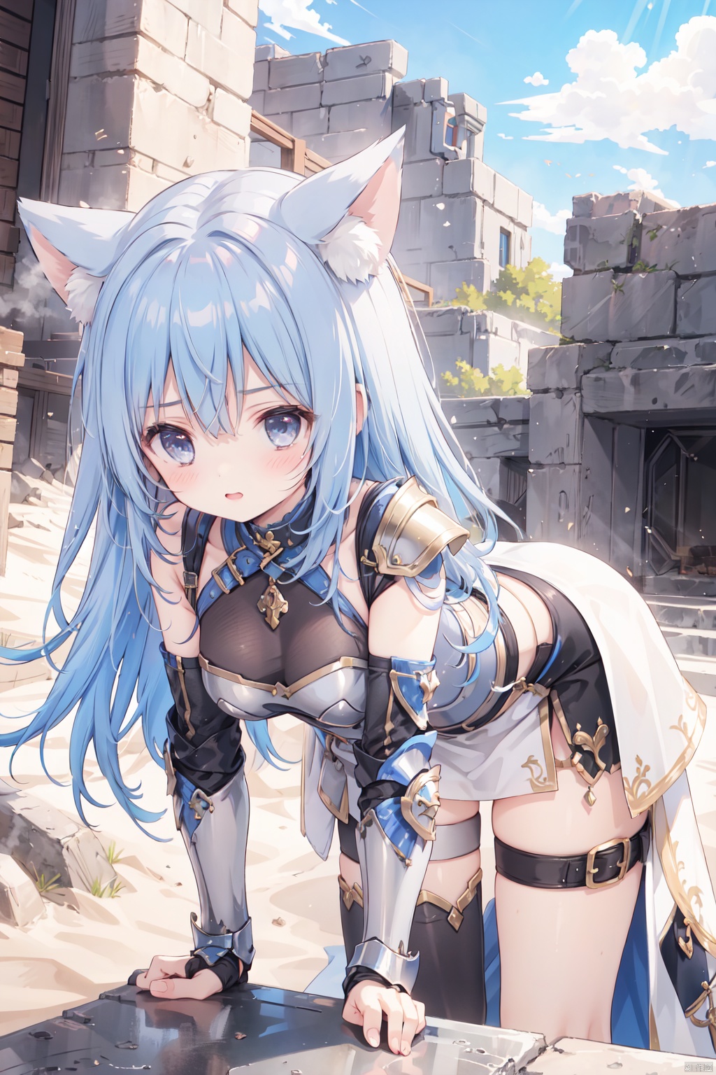  1girl,solo,blue hair,cute,grey eyes,sandstorm,(armor:1.3),big breasts,thigh,desert,animal_ears,The cracked earth,Escarpment,stone,village,action,scowl, bend over backwards,black armor,