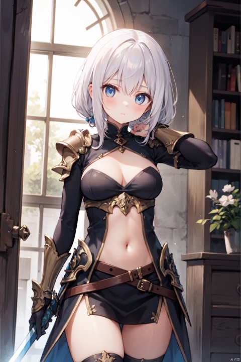 1girl,blue eyes,gauntlets,one-hand-hilt,hand on hilt,holding sword,planted sword,standing,medieval,
fantasy,medium breast,cowboy_shot,