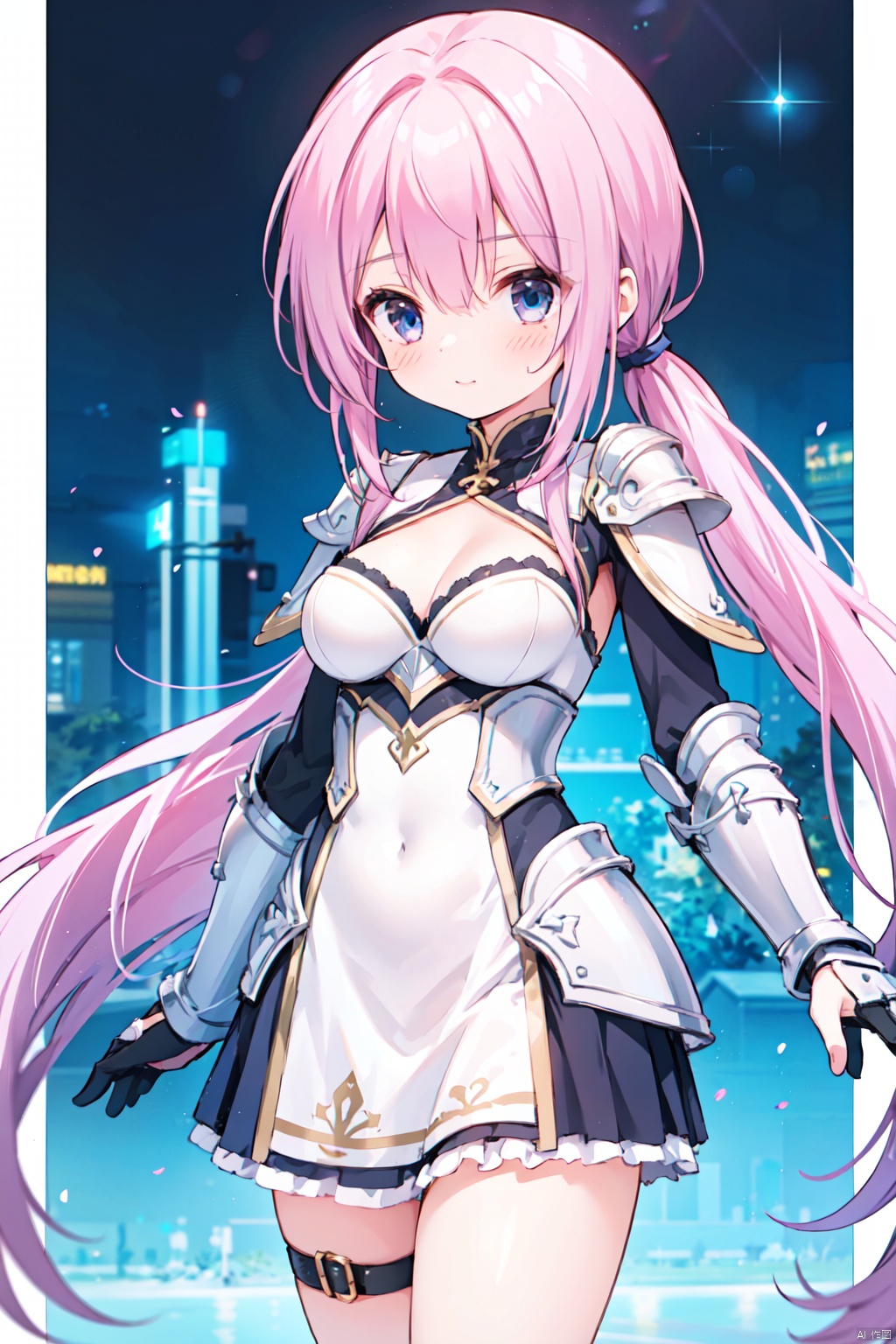 1girl,low ponytail,(pink_hair),crossed bangs,white armour,armour dress,looking down,medium breast,Silver armor,Cleavage,thigh,cowboy_shot,girl,blue eyes,shigetoakiho,