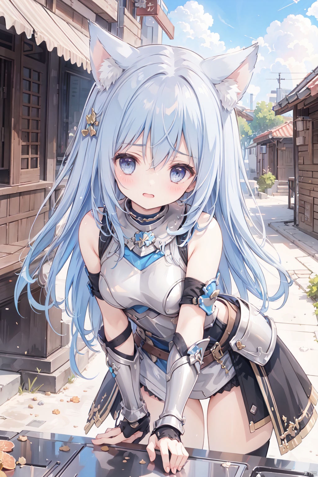  1girl,solo,blue hair,cute,grey eyes,sandstorm,(armor:1.3),big breasts,thigh,desert,animal_ears,The cracked earth,Escarpment,stone,village,action,scowl, bend over backwards,black armor,