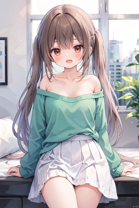 1girl, solo, long hair, breasts, looking at viewer, blush, open mouth, bangs, skirt, brown hair, shirt, long sleeves, bare shoulders, twintails, brown eyes, medium breasts, collarbone, teeth, indoors, off shoulder, parted bangs, window, low twintails, white skirt, green shirt, off-shoulder shirt