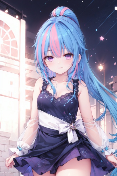  1girl,(very Long hair:1.1),(pink streaked hair),(blue hair),blush,floating hair,(ponytail),pink_eyes,small breasts,collarbone,(smile),star clothes,lace-trimmed_dress,purple dress,idol skirt,active,curvy,cowboy_shot,