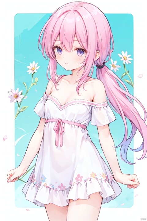 1girl,(pink_hair),crossed bangs,(low ponytail),blue eyes,collarbone,off-shoulder,bare shoulders,(strapless:1.1),short sleeves,cleavage,Hair tip,short white dress,cowboy_shot,thigh,flower,short ponytail