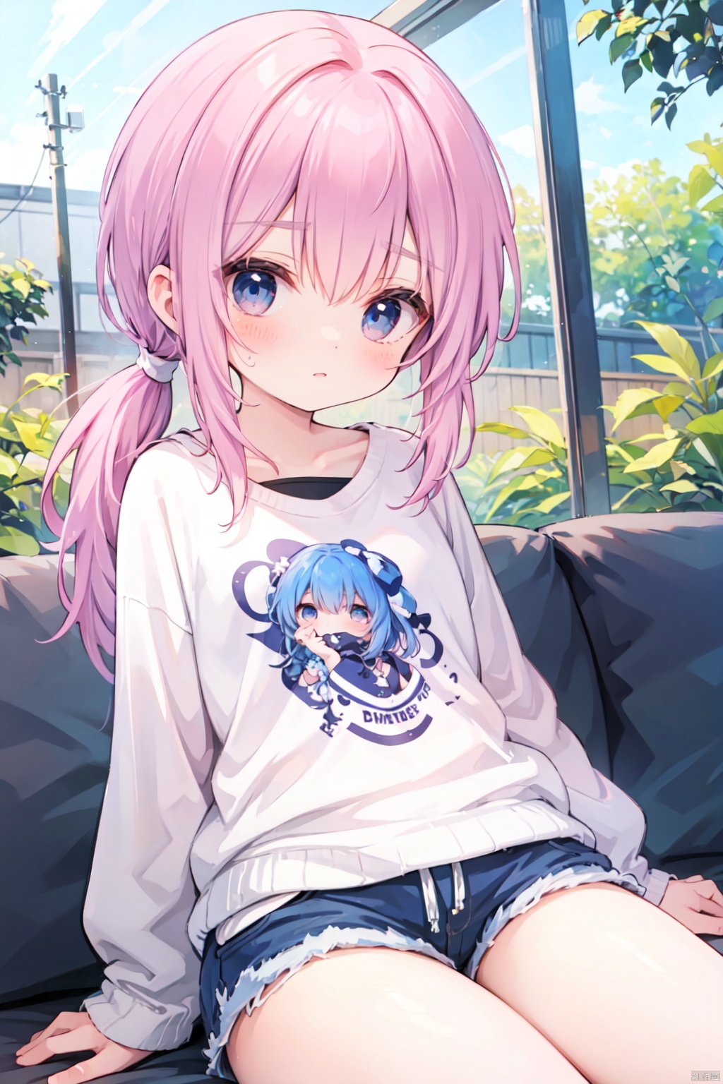 (low ponytail:1.1),pink_hair,crossed bangs,solo,shirt,shorts,thigh,breast,seated,blue eyes,shigetoakiho,loli,