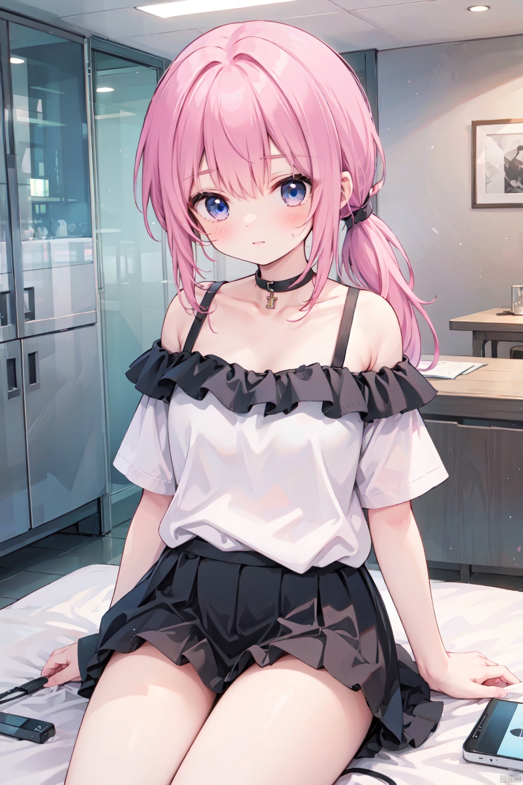 (low ponytail),1girl,solo,skirt,pink hair,shirt,short sleeves, bare shoulders,blue eyes,medium breasts,collarbone,off shoulder,skirt,blouse,off-shoulder blouse,loil