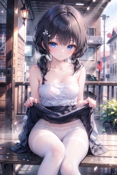  bare shoulders,1girl,black medium hair,(low twintails:1.2),medium breast,pantyhose,blue eye,collarbone,(bare shoulders),Stockings,maid_dress,outdoor,NFSW,r18,exposed,blush,sitting_down,skirt_lift