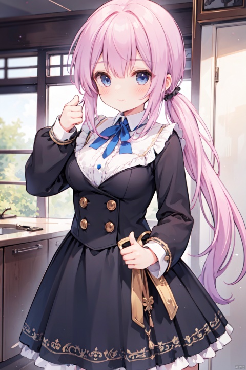 1girl,low ponytail,pink_hair,crossed bangs,blue eyes,gothic_lolita,white skirt,thumbs_up,
fantasy,medium breast,buster,cowboy_shot,shigetoakiho,