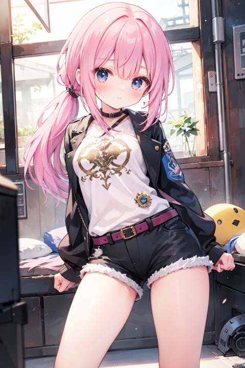 (low ponytail:1.1),pink_hair,crossed bangs,solo,Steampunk,shirt,shorts,(leather_clothes),thigh,breast,blue eyes,shigetoakiho,loli,