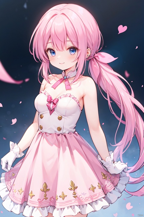 1girl,low ponytail,(pink_hair:1.2),crossed bangs,strapless dress,gloves,bare shoulders,smile,white gloves, strapless,frills,white dress, pink dress,red ribbon,piercing,frilled dress,
fantasy,medium breast,buster,cowboy_shot,blue eyes,shigetoakiho