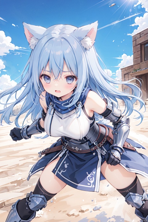  1girl,solo,blue hair,cute,grey eyes,sandstorm,(armor:1.3),big breasts,thigh,desert,animal_ears,The cracked earth,Escarpment,stone,village,action,fighting stance,aggressiveness,scowl,leaning forward,attack,armor,punch,