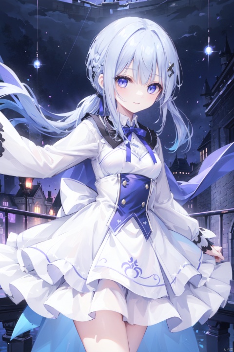  1girl,thin,white_hair,crossed bangs,long straight hair,(low ponytail),frilled white dress,saber,black bustier,blue cape,hairpin,smile,medium_breast,ribbon,castle,purple skirt,blue eyes,15-year age,night backgroung,outstretched arms, reaching out,[1girl low ponytail blue hair purple eyes]