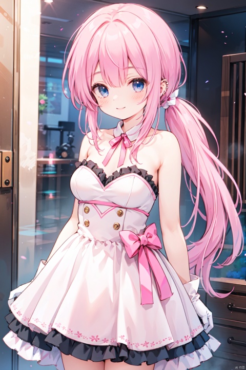 1girl,low ponytail,(pink_hair:1.2),crossed bangs,strapless dress,gloves,bare shoulders,smile,white gloves, strapless,frills,white dress, pink dress,red ribbon,piercing,frilled dress,
fantasy,medium breast,buster,cowboy_shot,blue eyes,shigetoakiho