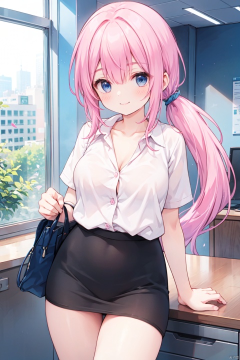 solo,(low ponytail:1.1),(pink_hair),crossed bangs,smile,(white collared blouse),Button,Short sleeved,business,thigh,office_lady,pencil skirt,white panties,formal,breast,collarbone,Cleavage,blue eyes,shigetoakiho,