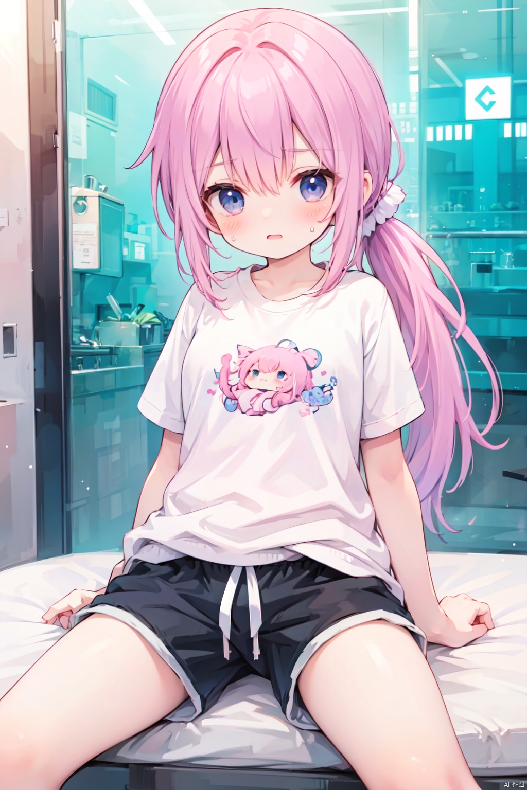 (low ponytail:1.1),pink_hair,crossed bangs,solo,shirt,shorts,thigh,breast,seated,blue eyes,(sweatpants),shigetoakiho,loli,