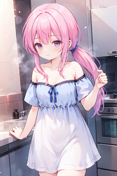  1girl,(pink_hair),crossed bangs,(low ponytail),blue eyes,collarbone,off-shoulder,bare shoulders,(strapless:1.1),short sleeves,cleavage,Hair tip,short white dress,cowboy_shot,thigh,flower,short ponytail,shigetoakiho