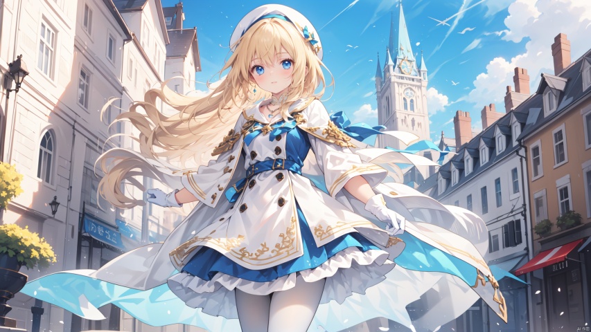 solo,1girl,artist_name,blonde_hair,medium hair,
blue_eyes,coat,blue dress,Standing in the distance,yellow clothes,medium_breast,bow,Fantasy architecture,necklace,white beret,(white_pantyhose),Brown gloves, white pantyhose