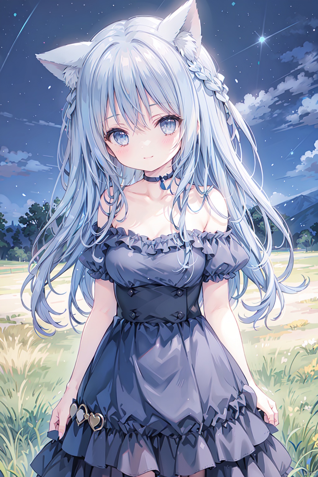  1girl, solo, smile,blue hair,cute,grey eyes,off shoulder,clavicle,grey dress,(strapless:1.3),big breasts,,grass,meadow,animal_ears,outdoor,cowboy_shot,night,girl