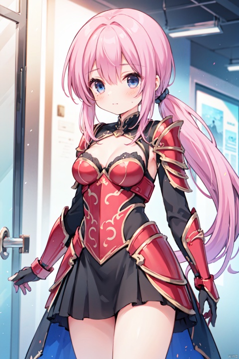 1girl,low ponytail,(pink_hair),crossed bangs,black armour,armour dress,looking down,medium breast,red armor,Cleavage,thigh,cowboy_shot,girl,blue eyes,shigetoakiho,