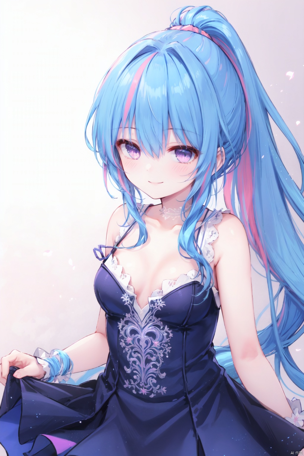  1girl,(very Long hair:1.1),(pink streaked hair),(blue hair),blush,floating hair,(ponytail),pink_eyes,small breasts,collarbone,(smile),star clothes,lace-trimmed_dress,purple dress,idol skirt,active,curvy,cowboy_shot,