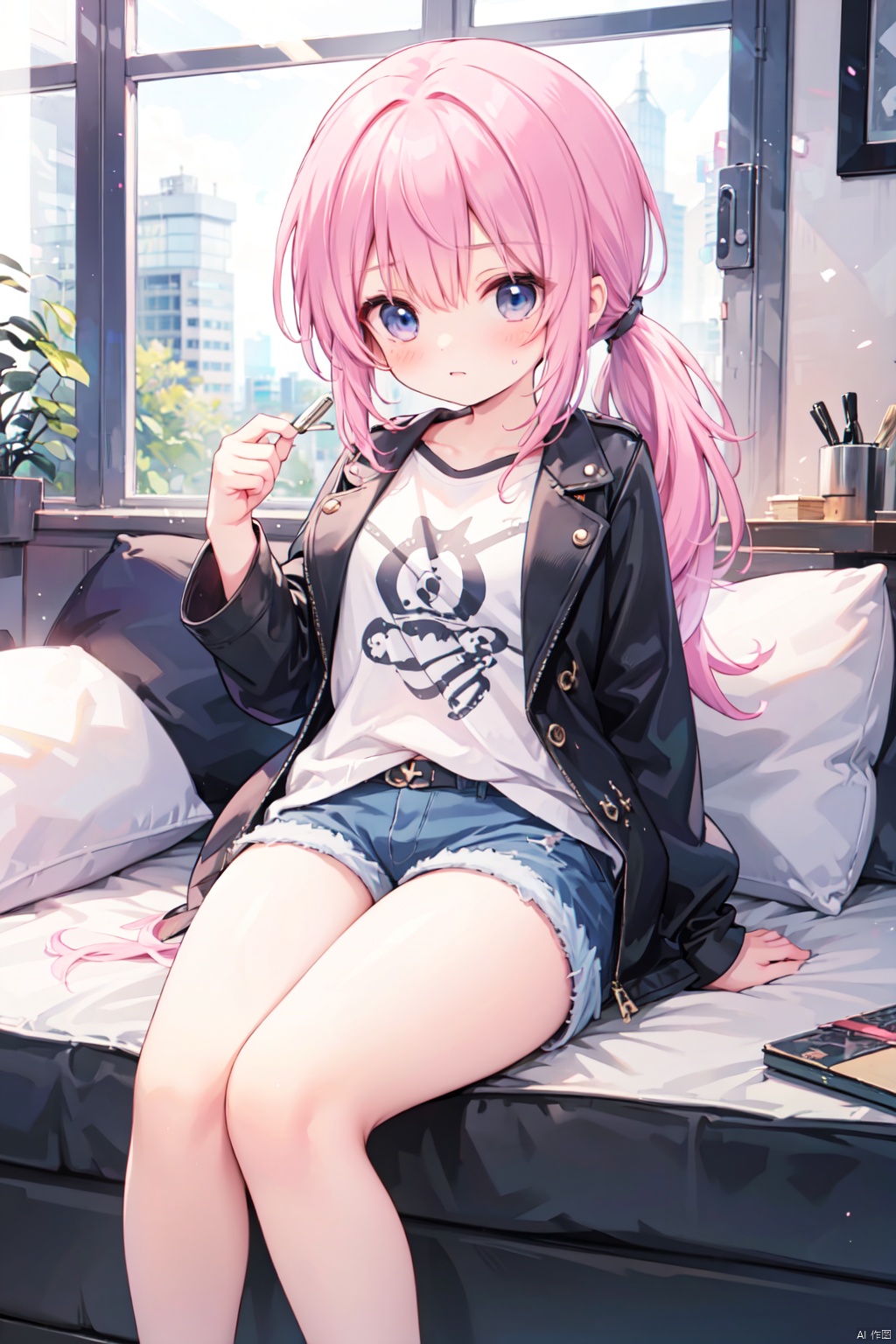 (low ponytail:1.1),pink_hair,crossed bangs,solo,Steampunk,shirt,shorts,(leather_clothes),thigh,breast,blue eyes,shigetoakiho,loli,