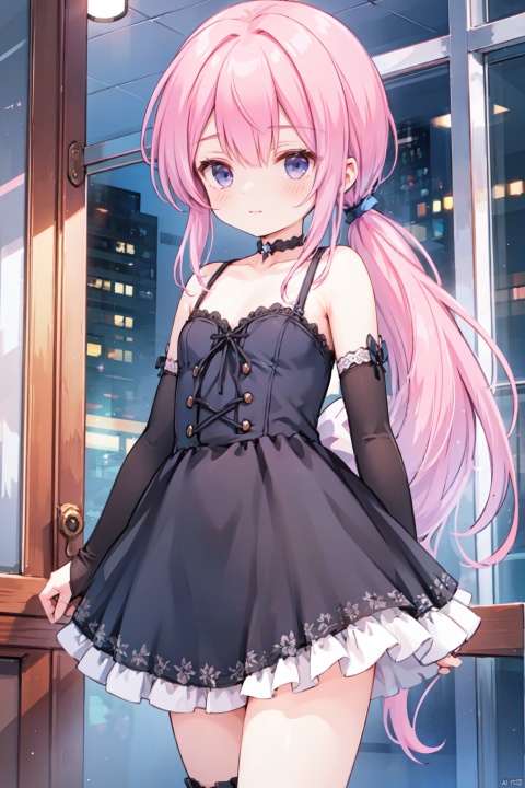  1girl,(pink_hair),crossed bangs,(low ponytail),blue eyes,collarbone,gothic_lolita,Hair tip,white dress,elbow gloves,cowboy_shot,thigh,frilled dress, short ponytail,lace-up boots,shigetoakiho