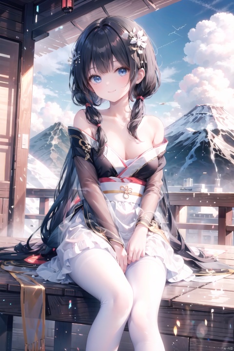  bare shoulders,1girl,black medium hair,(low twintails:1.2),medium breast,White pantyhose,blue eye,smile,collarbone,(black hanfu:1.1),Cleavage,White Stockings,Snowflake pattern,(volcano),outdoor,withered tree,sky,