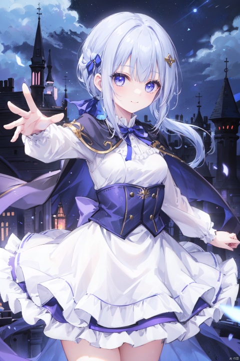  1girl,thin,white_hair,crossed bangs,long straight hair,(low ponytail),frilled white dress,saber,black bustier,blue cape,hairpin,smile,medium_breast,ribbon,castle,purple skirt,blue eyes,15-year age,night backgroung,outstretched arms, reaching out,[1girl low ponytail blue hair purple eyes]