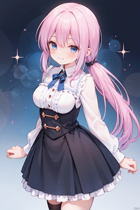 1girl,low ponytail,pink_hair,crossed bangs,blue eyes,gothic_lolita,white skirt,fingersmile,
fantasy,medium breast,buster,cowboy_shot,shigetoakiho,