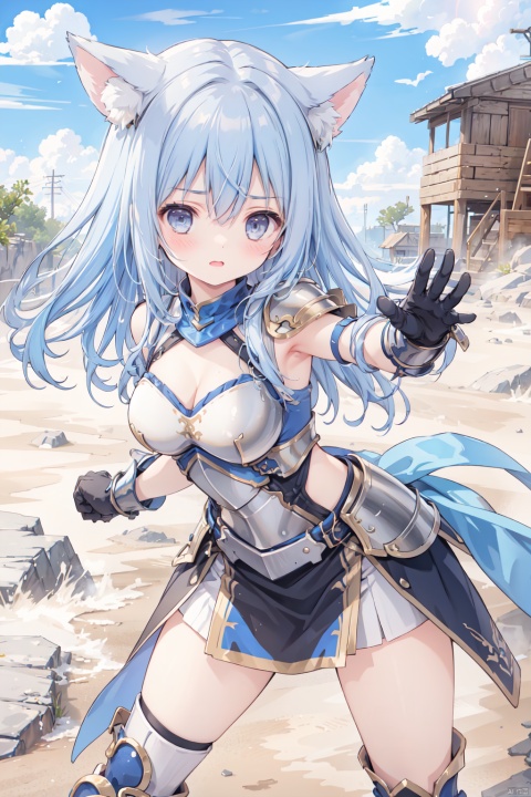  1girl,solo,blue hair,cute,grey eyes,sandstorm,(armor:1.3),big breasts,thigh,desert,animal_ears,The cracked earth,Escarpment,stone,village,action,fighting stance,aggressiveness,scowl,leaning forward,attack,armor,punch,