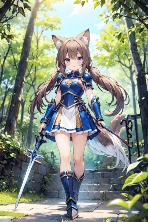 score_9, score_8_up, score_7_up, source_anime,rating_safe, ultra details,masterpiece,4k,best quality, hires,1girl,fox girl,brown haired fox girl, long hair,blue eyes, glowing eyes, full armor, knight, castle in background, planted sword,hands on hilt, holding sword, full body, forest, large sword